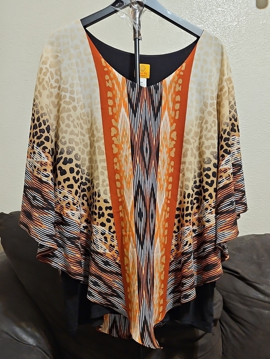Ruby Rd. Tops - Ruby Rd. Mixed Animal-Print Poncho Top in Orange, Cream, Black, Brown